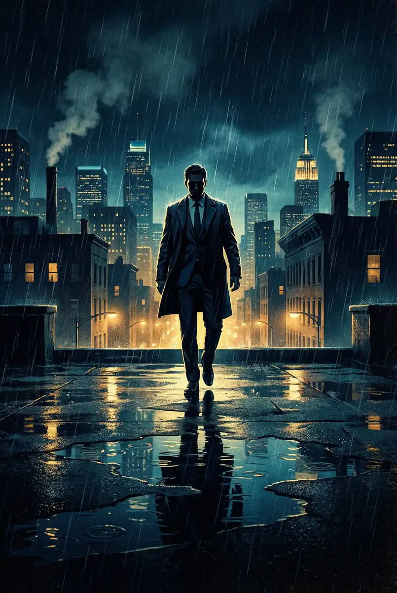 花瓶炮灰又被团宠了 出品影片《雨夜独行者》海报，雨中城市屋顶男性剪影